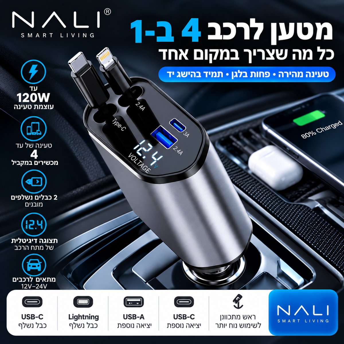 120W - NALI מטען לרכב 4 ב-1 עם כבלים נשלפים