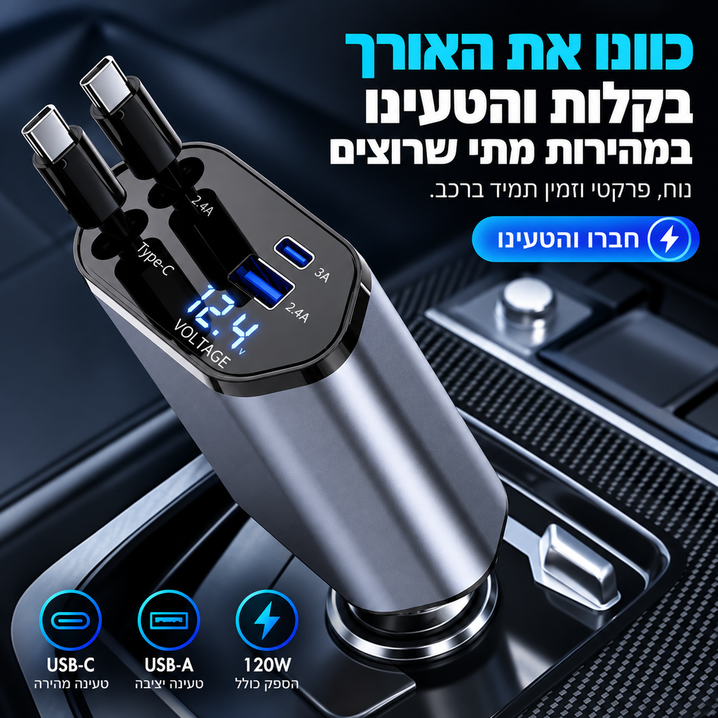 120W - NALI מטען לרכב 4 ב-1 עם כבלים נשלפים